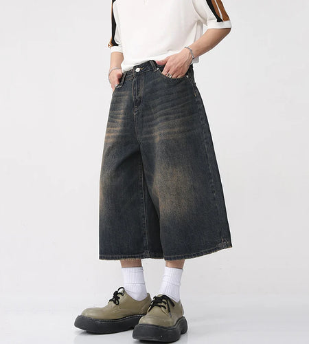 Korean Style Vintage Men's Jeans Summer Loose Male Wide Leg Knee Length Shorts Washed Fashion Denim Trouser 9A8825