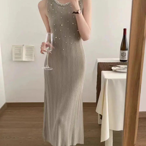 Load image into Gallery viewer, Korean Solid Pearl Elegant Round Neck Slim Vest Long Dresses For Women Sleeveless Fashion Sexy Knitted Dress Summer 2025 Popular
