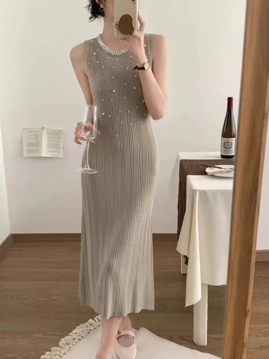 Korean Solid Pearl Elegant Round Neck Slim Vest Long Dresses For Women Sleeveless Fashion Sexy Knitted Dress Summer 2025 Popular