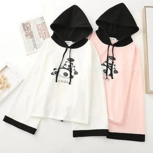 Load image into Gallery viewer, Panda Print Cute Cotton Hooded Sweatshirts For Women Long Sleeve Drawstring Hoodies Sweet Style Tops 2021 Summer Kawaii Clothes
