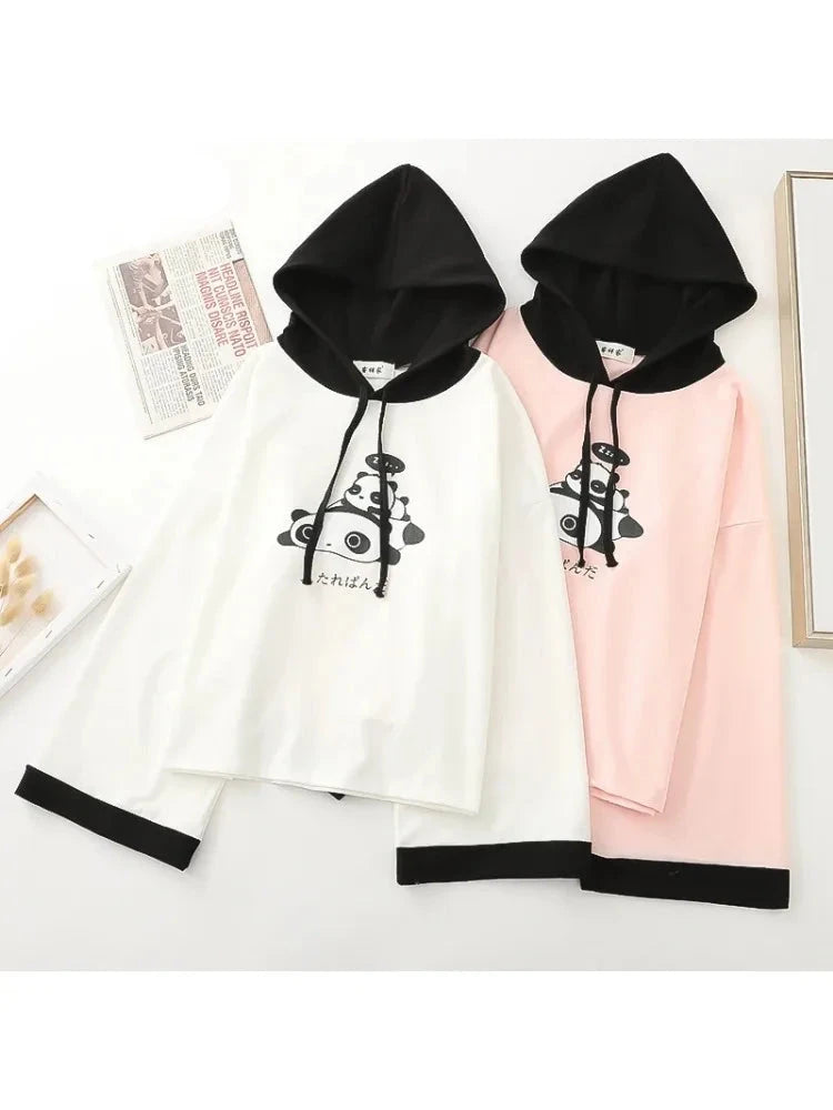 Panda Print Cute Cotton Hooded Sweatshirts For Women Long Sleeve Drawstring Hoodies Sweet Style Tops 2021 Summer Kawaii Clothes