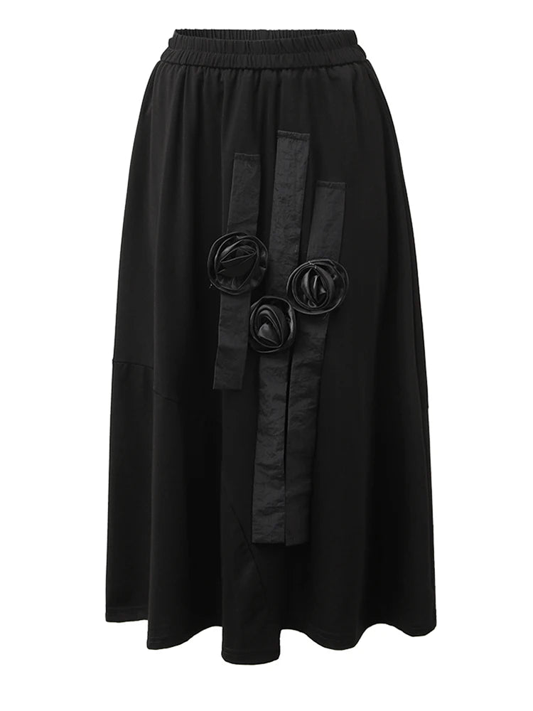 High Elastic Waist Black Flower Ribbon Pocket Midi Half-body Skirt Women Fashion Tide New Spring Autumn 2025 CPG1358