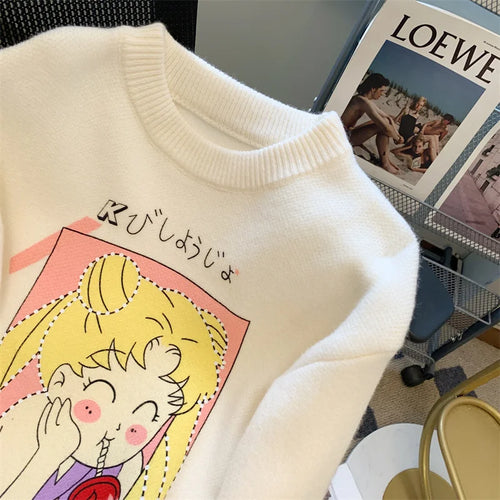 Load image into Gallery viewer, Korean Women's White Beautiful Girl Pattern Long Sleeve Round Neck Sweater Autumn Winter Loose Elegant Knit Thick Pullover Tops
