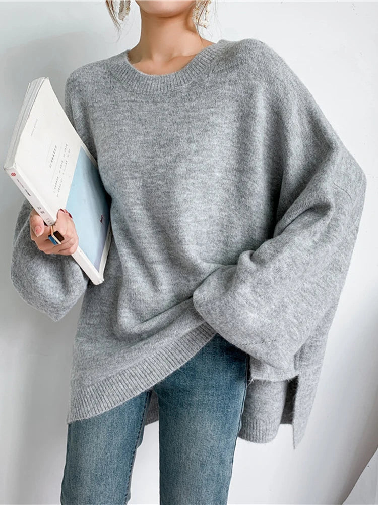 Blue Big Size Knitting Sweater Loose Fit Round Neck Lantern Sleeve Women Pullovers New Fashion Spring Autumn 2025 1DD6061