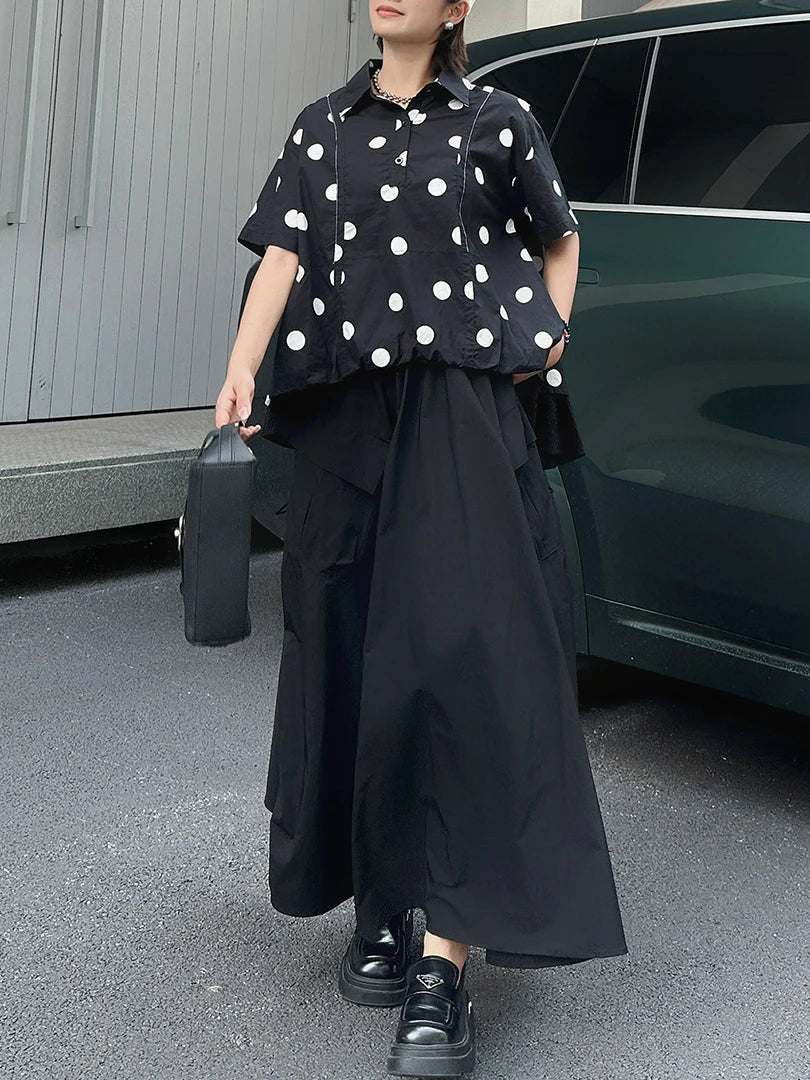 Women Black Dot Printed Irregular Big Size Blouse New Lapel Short Sleeve Shirt Fashion Tide Spring Summer 2025 1DJ1612