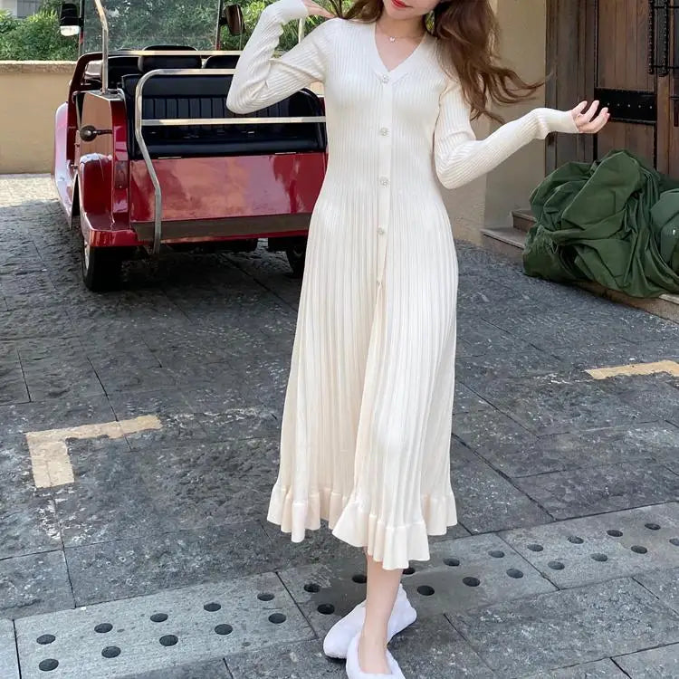 Women Retro White Long Sleeve Dresses Pink V-neck Single Breasted High Waist Ladies Elegant New Black Slim Knitting Dress Korean