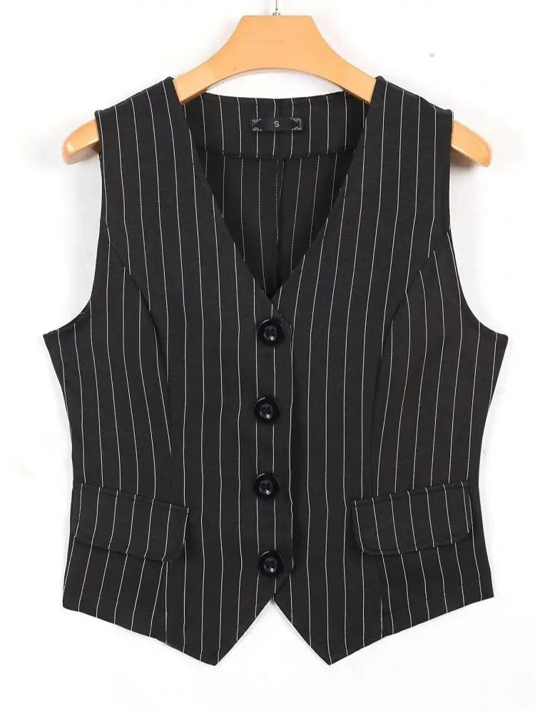 Black White Blue Stripe V Neck Sexy Sleeveless Tank Tops Summer Clothes Women Fashion Single Breasted Asymmetrical Vest Trendy