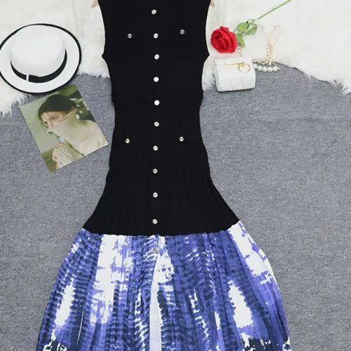 Load image into Gallery viewer, Korean Black Blue Print Patchwork Sleeveless Single Breasted Knitted Dress Women's Summer Red Elegant Round Neck Slim Long Dress
