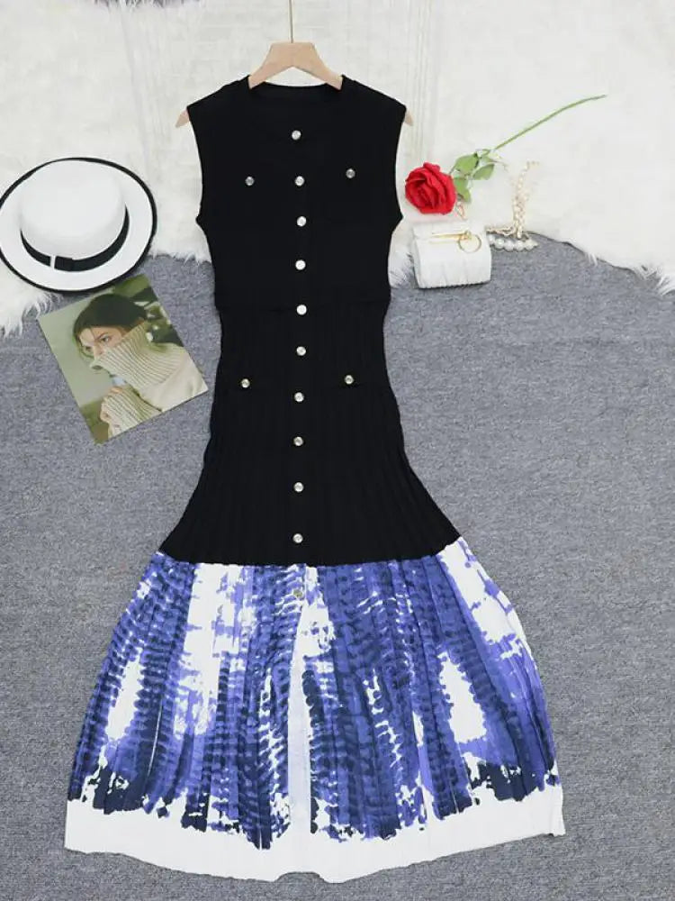 Korean Black Blue Print Patchwork Sleeveless Single Breasted Knitted Dress Women's Summer Red Elegant Round Neck Slim Long Dress