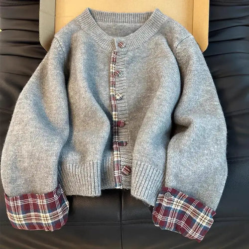 Load image into Gallery viewer, Autumn Winter Grey Patchwork Plaid Elegant Short Knitted Sweater Korean Women's Red Round Neck Long Sleeved Button Cardigan Tops
