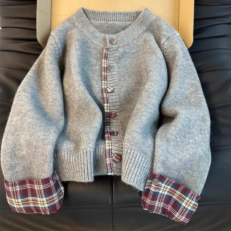 Autumn Winter Grey Patchwork Plaid Elegant Short Knitted Sweater Korean Women's Red Round Neck Long Sleeved Button Cardigan Tops