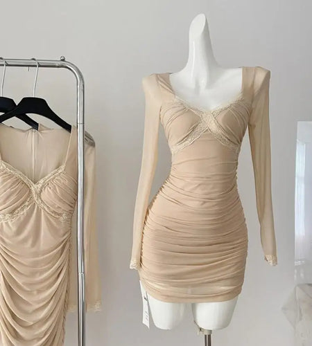 Autumn Winter Khaki Lace Square Neck Elegant Slim Pleated Dress For Women New Brown Mesh Long Sleeves Festival Short Dress Trend