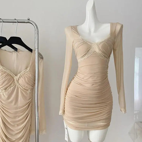 Load image into Gallery viewer, Autumn Winter Khaki Lace Square Neck Elegant Slim Pleated Dress For Women New Brown Mesh Long Sleeves Festival Short Dress Trend
