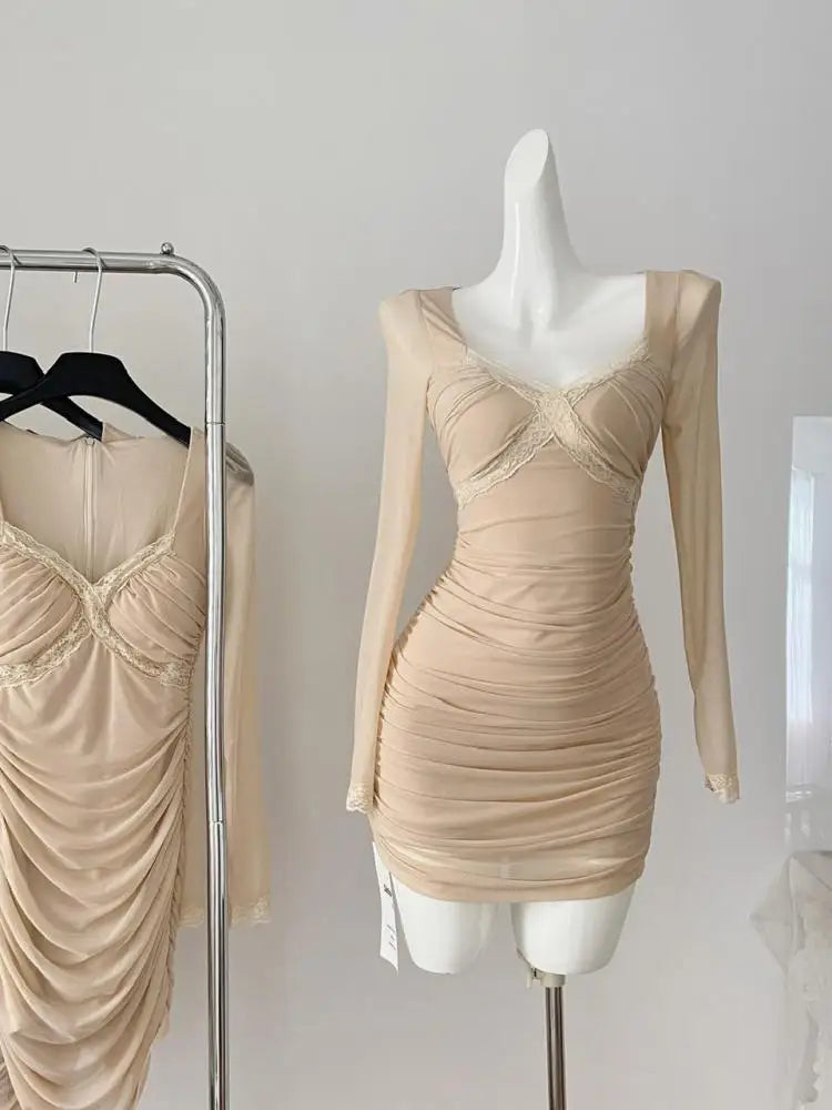 Autumn Winter Khaki Lace Square Neck Elegant Slim Pleated Dress For Women New Brown Mesh Long Sleeves Festival Short Dress Trend