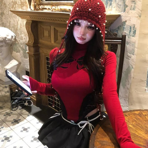 Load image into Gallery viewer, Y2k Aesthetic Vintage Lace Patchwork Tees 2025 Slim Fit Streetwear Autumn Bow Tshirts Women Harajuku Grunge Bottoming Crop Tops
