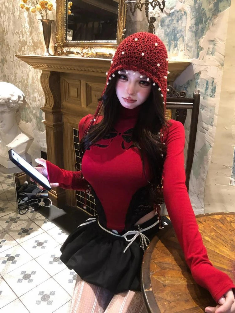 Y2k Aesthetic Vintage Lace Patchwork Tees 2025 Slim Fit Streetwear Autumn Bow Tshirts Women Harajuku Grunge Bottoming Crop Tops