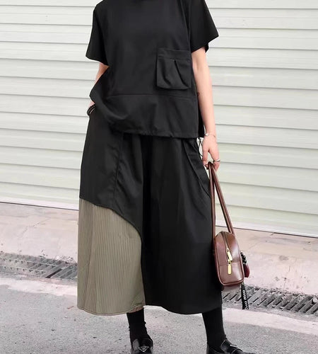 Women Black Pocket Drawstring Big Size Casual T-shirt New Round Neck Short Sleeve Fashion Tide Spring Summer 2025 1DJ0212