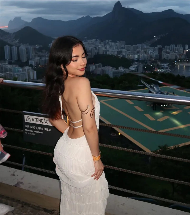 Halter Backless Sexy Maxi Dress For Women Spring Summer New Lace-up Sleeveless Pleated Beach Holiday Long Dress Elegant