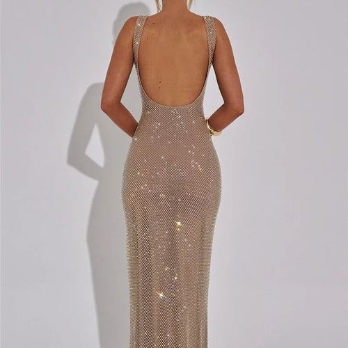 Load image into Gallery viewer, Sequins Backless Sexy Maxi Dress For Women Gown Fashion Sparkle Square Collar Sleeveless Bodycon Club Long Dress

