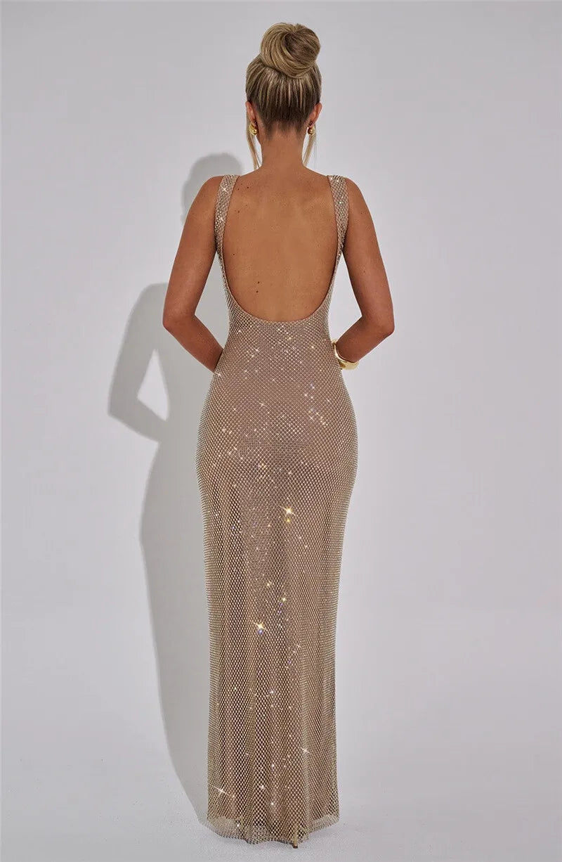 Sequins Backless Sexy Maxi Dress For Women Gown Fashion Sparkle Square Collar Sleeveless Bodycon Club Long Dress