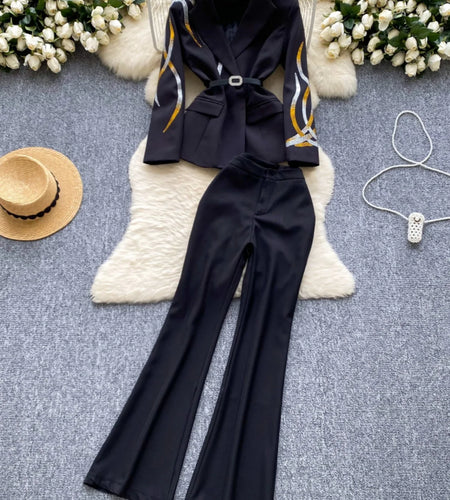 Women Suit 2024 Autumn Winter Black White Diamond Double Breasted Blazer And High-waisted Flared Pants Temperament Two Piece Set