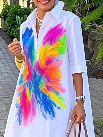 Summer Women's Printed Mini Dresses 2025 New Contrast Color Lapel Buttoned Simple Vacation A-line Shirt Dress for Woman