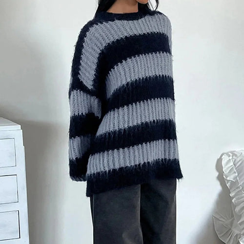 Load image into Gallery viewer, Casual Stripe Oversized Sweater Autumn Winter Warm Knit Pullover O-Neck Fashion Harajuku Jumper Knitwear Clothes
