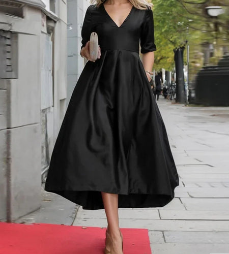 Christmas Long Dresses for Women Half Sleeves V-neck Pleated Solid Purple Green Black Evening Women‘s Party Dresses