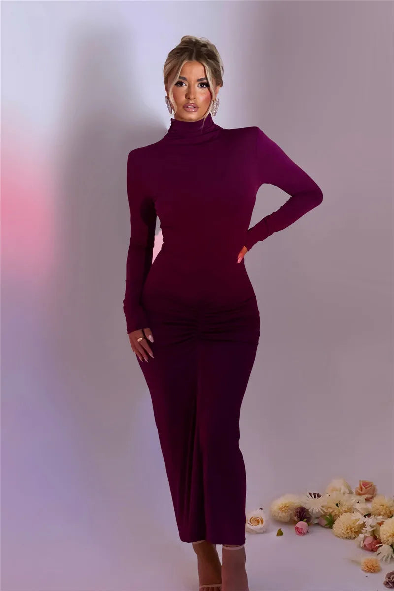 Elegant Turtleneck Long Sleeve Bodycon Maxi Dress Women Autumn Winter New Ruched Club Party Sexy Dress Vestidos