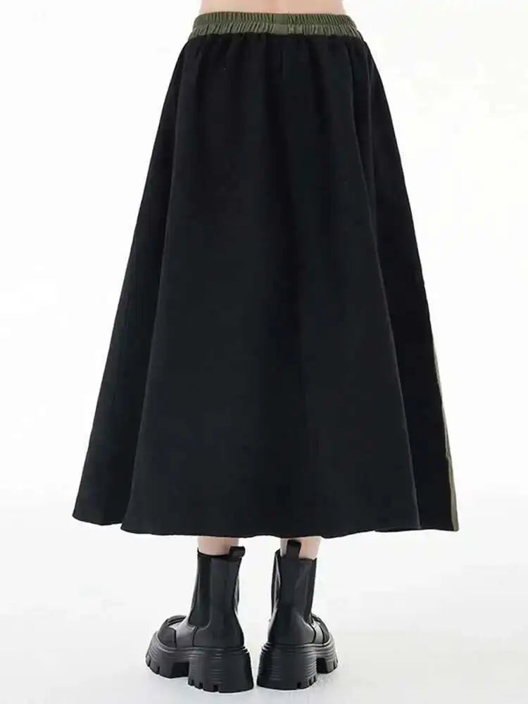 High Elastic Waist Color-block Asymmetric Green A-line Half-body Skirt Women Fashion Tide New Spring Autumn 2025 1DH3872