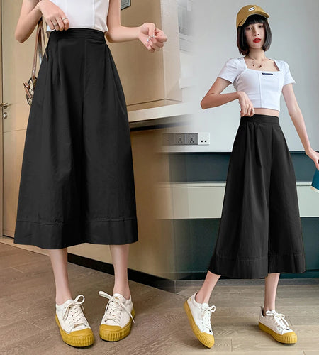 Korean Version Spring Summer Women Baggy High Waist Pleated Wide Leg Seven Point Pants Streetwear Casual Popular Ladies Holiday