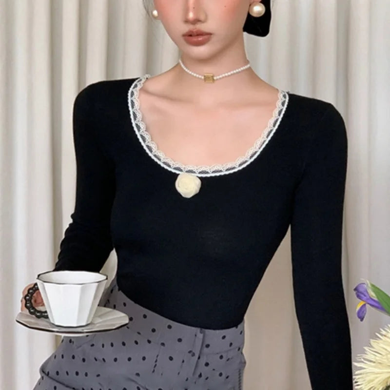 y2k Clothes Tops Women 3D Flower Lace Trim Round Neck Long Sleeve Ribbed T Shirt 2000s Aesthetic Clothing Streetwear