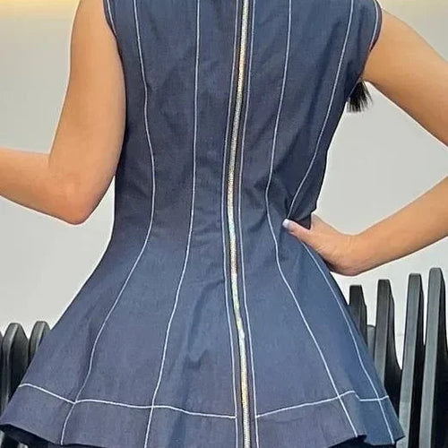 Load image into Gallery viewer, Vintage Denim Blouses for Women Summer Elegant Zipper Sleeveless A-line Shirts and Blouses Women&#39;s Business Casual Tops
