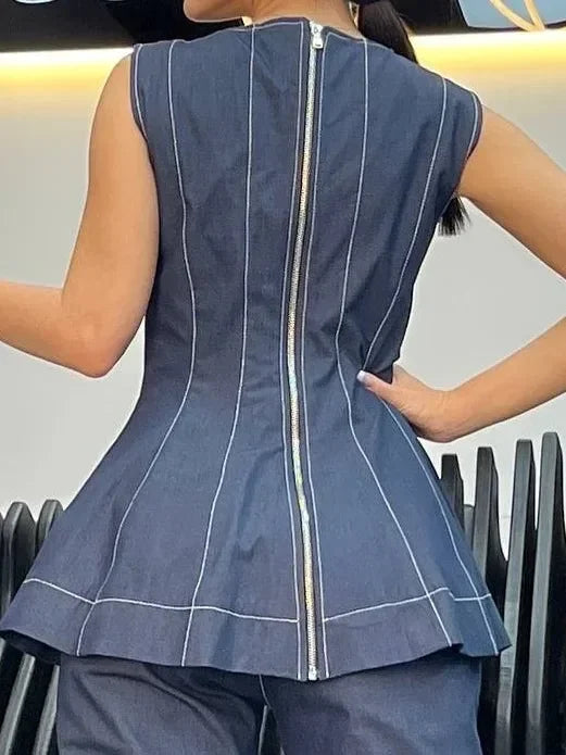 Vintage Denim Blouses for Women Summer Elegant Zipper Sleeveless A-line Shirts and Blouses Women's Business Casual Tops
