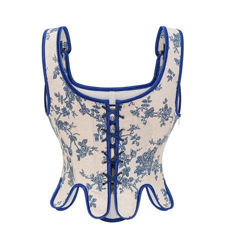 Corset Crop Tops Sexy Women French Vintage Floral Sleeveless Tie-up Bustier T Shirts Ladies Clothes Summer Streetwear