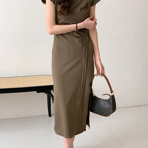 Load image into Gallery viewer, Slim Waist Spilt Hollow Women&#39;s Dresses French Style Chic Solid Color Pleated Fashion Female Dress Summer O-neck Dresses
