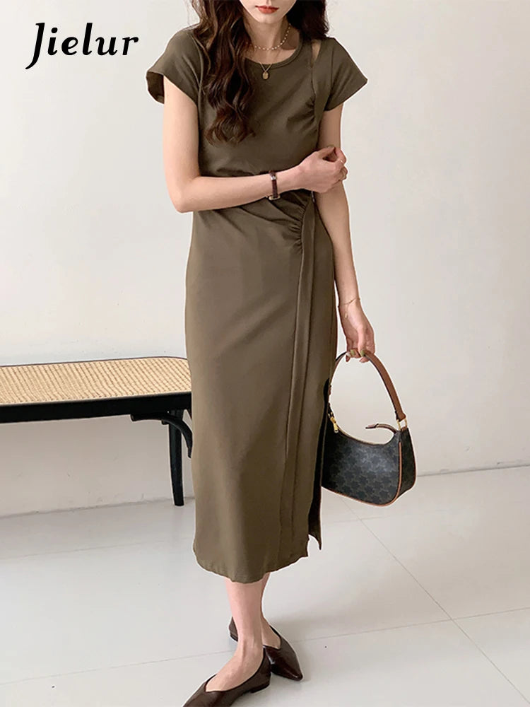 Slim Waist Spilt Hollow Women's Dresses French Style Chic Solid Color Pleated Fashion Female Dress Summer O-neck Dresses