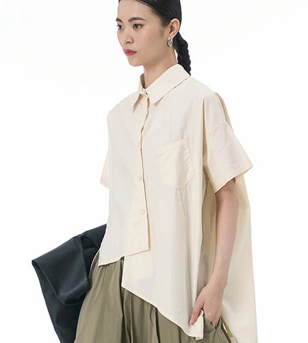 Women Apricot Irregular Hem Big Size Casual Blouse New Lapel Short Sleeve Shirt Fashion Tide Spring Summer 2025 1DJ1503