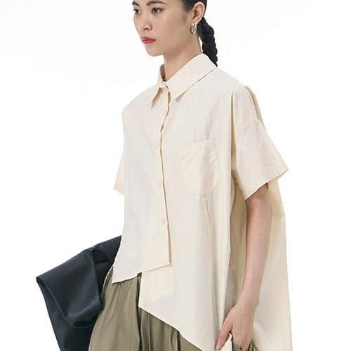 Load image into Gallery viewer, Women Apricot Irregular Hem Big Size Casual Blouse New Lapel Short Sleeve Shirt Fashion Tide Spring Summer 2025 1DJ1503
