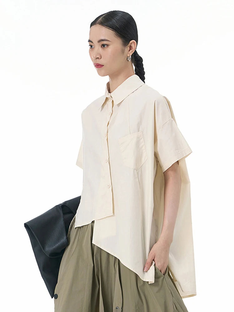 Women Apricot Irregular Hem Big Size Casual Blouse New Lapel Short Sleeve Shirt Fashion Tide Spring Summer 2025 1DJ1503
