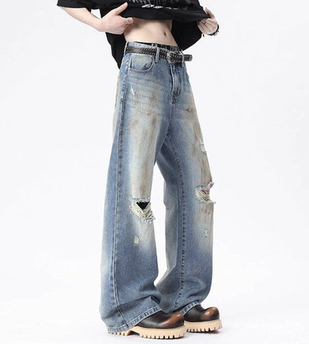 American Men's Denim Pants Hign Street Style Distressed Hole Design Fashion Straght Wide Leg Male Trousers 9W1671