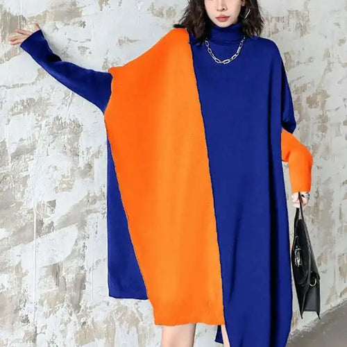 Load image into Gallery viewer, Women Gray Color-block Big Size Irregular Knitting Dress New Turtleneck Long Sleeve Fashion Spring Autumn 2025 1DH6561
