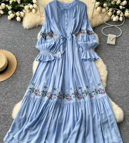 Vintage French Women Single Breasted Elegant Embroidered Dress Autumn Sweet Long Sleeves Round Neck Lace-up Lace Princess Dress