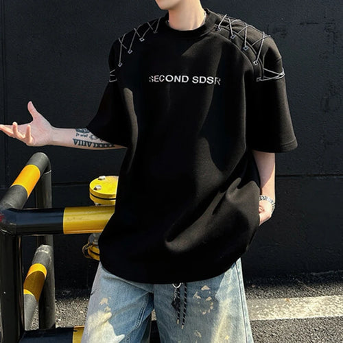Load image into Gallery viewer, Men's T-shirts Short Sleeve Summer Letter Print  Design Chain Shoulder Pad Male T-shirt Pullover Solid Color Top 9W1708
