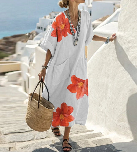 Women Summer Flower Print Pocket Cotton Linen Vacation Long Dress 2025 Elegant V-neck Half Sleeves Long Dresses Woman