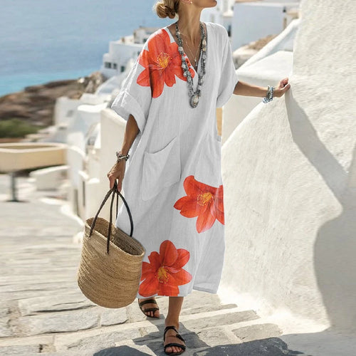 Load image into Gallery viewer, Women Summer Flower Print Pocket Cotton Linen Vacation Long Dress 2025 Elegant V-neck Half Sleeves Long Dresses Woman
