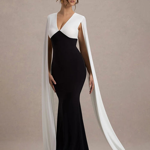 Load image into Gallery viewer, Cape Sleeve V Neck Sexy Maxi Dress For Women White Black Patchwork Backless Bodycon Evening Sexy Long Dress Elegant
