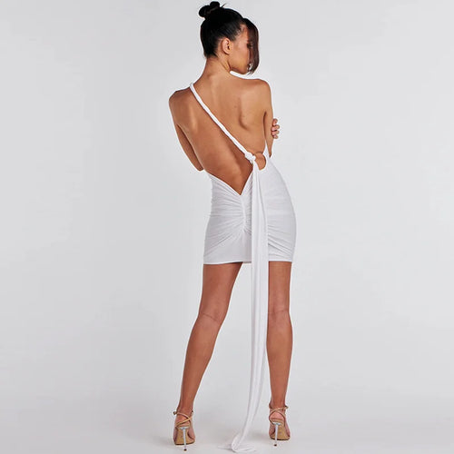 Load image into Gallery viewer, Backl Strap Halter Backless Sexy Mini Dress For Women New Fashion Metal Ring Sleeveless Pleated Bodycon Party Dress
