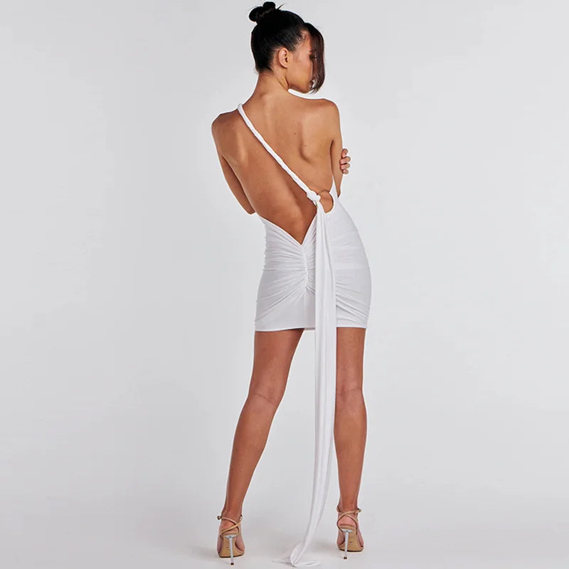 Backl Strap Halter Backless Sexy Mini Dress For Women New Fashion Metal Ring Sleeveless Pleated Bodycon Party Dress