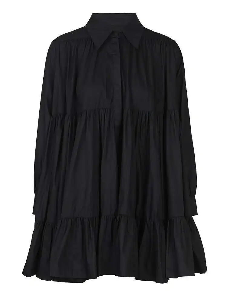 Women Black Pleated Elegant Mini Shirt Dress New Lapel Long Sleeve Loose Fit Fashion Tide Spring Autumn 2025 1DE365901